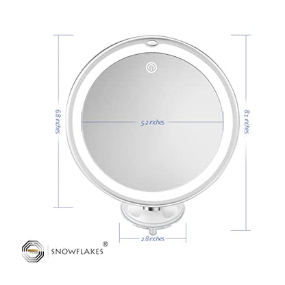 Snowflakes 10x Magnifying Lighted Makeup Mirror with Lights, Suction Cups, and 360° Swivel – Touch Control, 3 Light Modes – Ideal for Home, Bathroom Vanity, and Travel