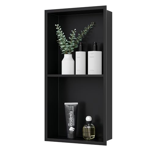 Qeke 12" x 24" Stainless Steel Shower Niche w/Double Shelves, Matte Black | No tile Needed Wall Niche, Recessed Niche for Bathroom Storage, Space Saving, Over Mount Installation - color: Matte Black, size: 12X24"