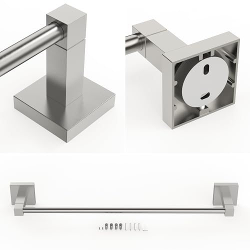 RUACQ Towel Bar 18" Towel Racks for Bathroom Wall Mounted, Brushed Nickel | One-Piece Bath Towel Holder, Total Length 20 Inch Single Towel Rod, 304 Stainless Steel Rustproof, Square Base, Heavy Duty - color: Brushed Nickel, size: 18 inch(Center to Center)
