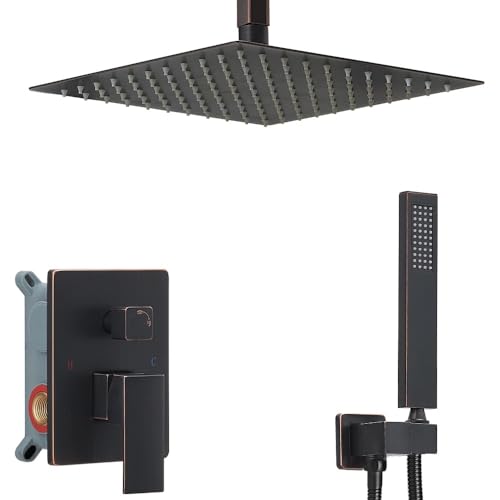 Oil Rubbed Bronze 10 Inch Rain Shower Head Ceiling Mount with Handheld, 59 Inch Hose, Mixer Valve, Bracket Holder, Rain Setting, 1 Handle, Brass, Stainless Steel, Shower Kit - color: Oil Rubbed Bronze, size: 10 Inch