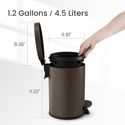 Cesun Small Round Bathroom Trash Can with Lid Soft Close, 1.2 Gal, Brown | Removable Inner Bucket, Stainless Steel Garbage Can for Bedroom/Office, Hands-Free Step Pedal, Fingerprint-Resistant - color: Brown
