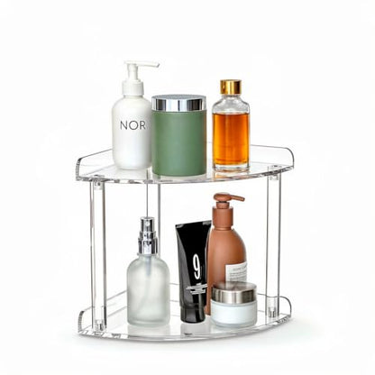 2 Tier Clear Acrylic Bathroom Corner Organizer, Countertop Vanity Tray for Makeup, Cosmetics, Perfume - Freestanding Storage Shelf for Bathroom, Bedroom, Kitchen