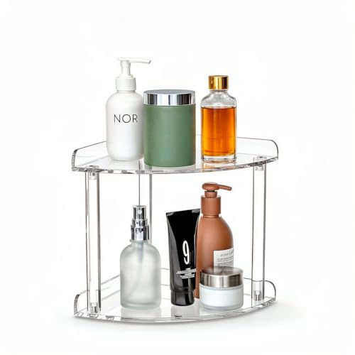 2 Tier Clear Acrylic Bathroom Corner Organizer, Countertop Vanity Tray for Makeup, Cosmetics, Perfume - Freestanding Storage Shelf for Bathroom, Bedroom, Kitchen
