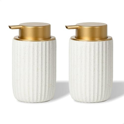 Speckled White Ceramic Foam Dispenser 2 Pack, Rippled Gold Top | Modern Minimal Design, Subtle Bathroom Upgrade, Elegant Gold Accent, Marble Decor Match, Soft Foam Pump, 12 oz Capacity - color: White, Golden 2 Pack