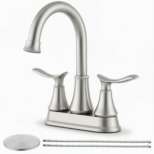 KINGO HOME Modern Brushed Nickel 2-Handle Bathroom Faucet, 4 inch Centerset RV Bathroom Sink Faucet Lavatory Bath Sink Vanity Faucet with Water Supply Lines and Pop Up Drain - color: Brushed Nickel