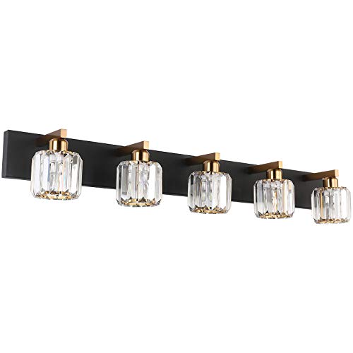Aipsun Crystal Bathroom Vanity Light Black Vanity Lighting fixtures 5 Lights Crystal Vanity Light for Bathroom(Exclude Bulb) - color: Black Gold (Round), size: 40 inch