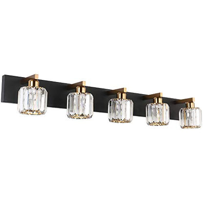 Aipsun Crystal Bathroom Vanity Light Black Vanity Lighting fixtures 5 Lights Crystal Vanity Light for Bathroom(Exclude Bulb) - color: Black Gold (Round), size: 40 inch