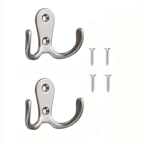2 Pcs Double Prong Robe Hooks, Dual Coat Hooks Wall Mounted Hanging Clothes for Bathroom Bedroom Door Wall Retro Metal Cloth Hanger Double Coat Hooks with 4 Screws (Matte Silver) - color: Matte Silver