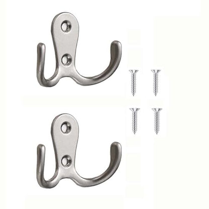 2 Pcs Double Prong Robe Hooks, Dual Coat Hooks Wall Mounted Hanging Clothes for Bathroom Bedroom Door Wall Retro Metal Cloth Hanger Double Coat Hooks with 4 Screws (Matte Silver) - color: Matte Silver