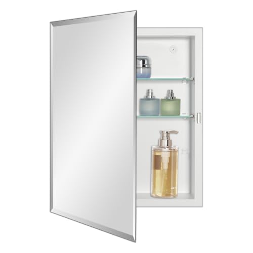 IDYLLOR Bathroom Medicine Cabinet with Beveled Edge Mirrored Door 16 x 20 inch, Recessed or Surface Mount, with Adjustable Glass Shelves - color: Matt White, size: 16x20 inch Beveled Edge Mirror