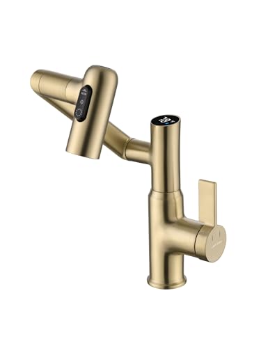 Rotatable Bathroom Faucet with Temperature Display in Fahrenheit (Batteries-Free), 3 Water Outlet Modes, Brushed Gold - color: Gold