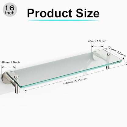Glass Shelves for Bathroom,16-Inch Brushed Nickel Floating Bathroom Shelf Stainless Steel Tempered Glass Shelf Modern Shelves wall Mounted - color: Brushed Nickel, size: 16"without railing