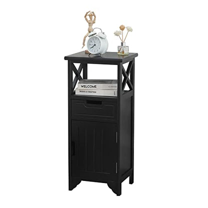 Assembled 30in Height Nightstand, Pre- Assembled Bathroom Floor Cabinet with Shelf and Storage Drawer, Black Tall End Table No Assembly Chest for Living Room Bedroom | Solid Wood, 30" Height No Assembly Bathroom Cabinet, Pre-Assembled Side Table & End Tab
