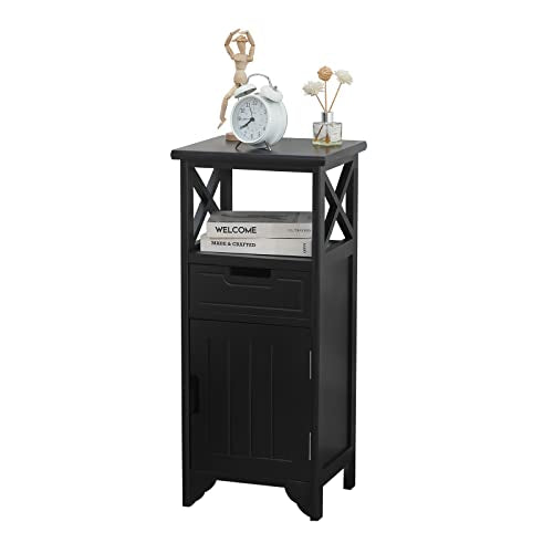 Assembled 30in Height Nightstand, Pre- Assembled Bathroom Floor Cabinet with Shelf and Storage Drawer, Black Tall End Table No Assembly Chest for Living Room Bedroom | Solid Wood, 30" Height No Assembly Bathroom Cabinet, Pre-Assembled Side Table & End Tab