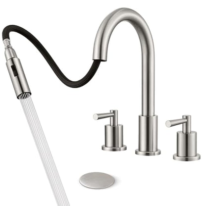 Widespread Bathroom Faucet 3 Hole, Bathroom Faucet with Pull Down Sprayer | Lead-Free, 8 Inch Bathroom Sink Faucet, Stainless Steel Vanity Faucet 3 Hole, Brushed Nickel Faucet for Bathroom Sink - color: Brushed Nickel, size: 8 Inch