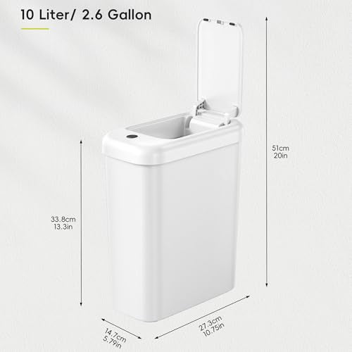 EKO Automatic Bathroom Trash Can with Lid, 2.6 Gallon Slim Touchless Garbage Can, Waterproof Motion Sensor Trash Bin for Bathroom, Office, Kitchen, White - size: Morandi 10L-Oat White