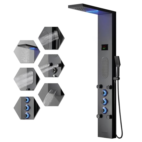 BWE LED Shower Panel,Black Rainfall Shower Panel Tower System | Stainless Steel Shower Tower with Massage Body Jets Tub Spout Wall Mounted Shower Fixtures with Temperature Display