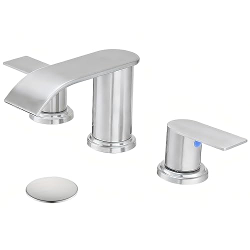 Waterfall Bathroom Faucet 3 Holes, 8 Inch Brushed Nickel Widespread Faucet Bathroom with Pop Up Drain Bathrooms Basin Lavatory Mixer Tap with Deck Mount Plate - color: Brushed Nickel, size: 8 Inch