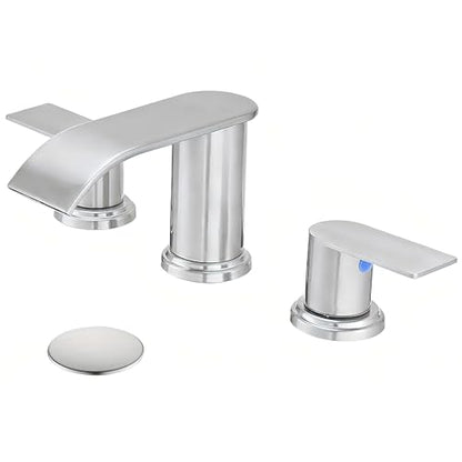 Waterfall Bathroom Faucet 3 Holes, 8 Inch Brushed Nickel Widespread Faucet Bathroom with Pop Up Drain Bathrooms Basin Lavatory Mixer Tap with Deck Mount Plate - color: Brushed Nickel, size: 8 Inch