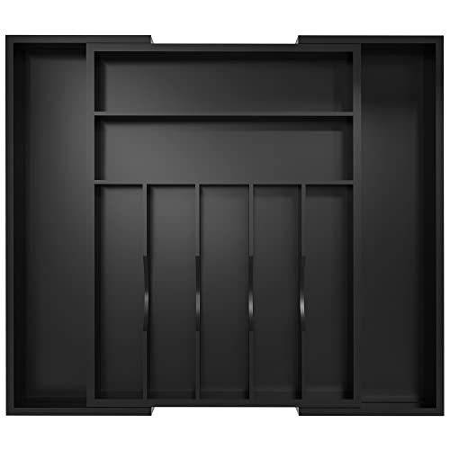 Utensil Organizer Silverware Drawer Organizer - Bamboo Expandable Cutlery Tray with Dividers for Utensil Holder Office Storage Makeup Desk Drawer Tool Organization W13.5"-19.5" x L17.5" x H2.5"(Black) | Expandable - color: Black, size: 9 Slot
