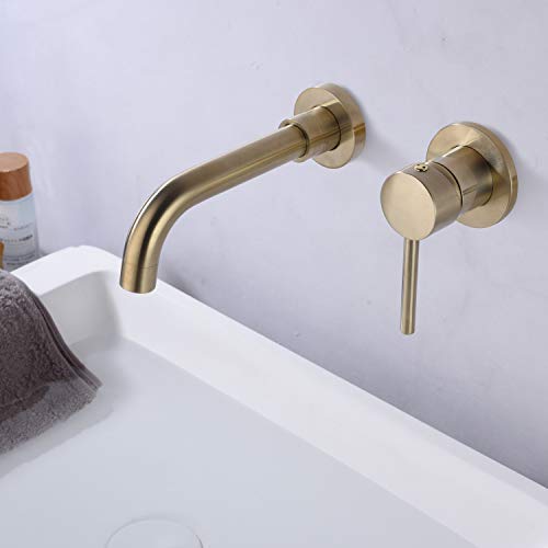 Sumerain Wall Mount Bathroom Faucet Brushed Gold,Single Handle with Brass Rough-in Valve - color: Brushed Gold, size: Right-Handed