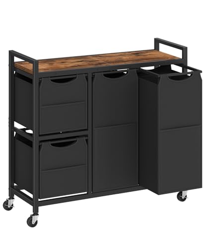 HOOBRO Laundry Sorter with 4 Section, 34 Gal. (127 L) Laundry Hamper with Wheels, Rolling Laundry Basket with Shelf, Pull-Out Detachable Bags, Side Pockets, Rustic Brown and Black BF14XY01N1 - color: Rustic Brown + Black