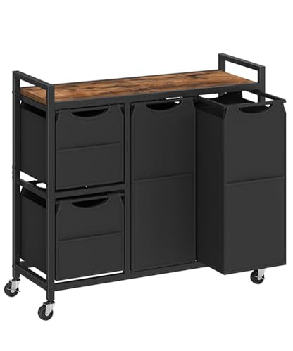 HOOBRO Laundry Sorter with 4 Section, 34 Gal. (127 L) Laundry Hamper with Wheels, Rolling Laundry Basket with Shelf, Pull-Out Detachable Bags, Side Pockets, Rustic Brown and Black BF14XY01N1 - color: Rustic Brown + Black