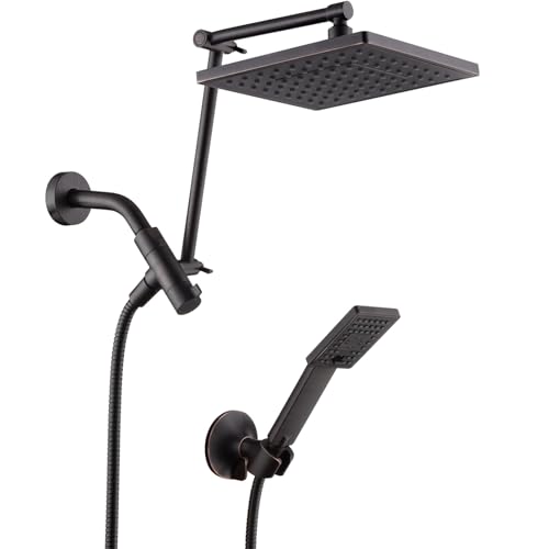 BRIGHT SHOWERS High Pressure Rain Shower Head Combo with Double Extension Arm, 8 Inch Rainfall Shower Head with Handheld Spray, Height Adjustable Dual Square Showerhead Set, Oil-Rubbed Bronze - color: Oil Rubbed Bronze, style: Dual Shower Head with Extens