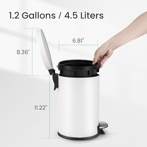 Cesun Small Round Bathroom Trash Can with Lid Soft Close, 1.2 Gal, White | Removable Inner Bucket, Stainless Steel Garbage Can for Bedroom/Office, Hands-Free Step Pedal, Fingerprint-Resistant - color: White