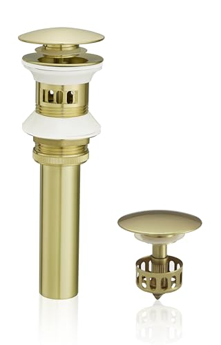 VOTON Brushed Gold Pop Up Bathroom Sink Drain with Overflow Assembly with Strainer Lavatory Vanity Vessel Pop Up Drain Stopper - color: Brushed Gold, size: With Overflow