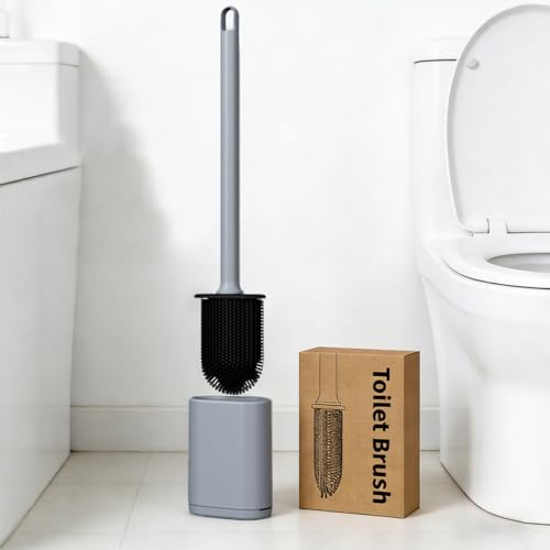 Silicone Toilet Brush and Holder Set, Flexible Toilet Bowl Brush Head with Silicone, Long Handle, Wall Mounted with Removable Anti-Leakage Base, Soft Bristles for Bathroom Deep Cleaning (Grey) - color: Gray