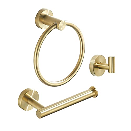 Gold Bathroom Hardware, Toilet Paper Holder Towel Ring and Robe Hook Brushed Gold Bathroom Accessories Set Wall Mount 3 Pieces Stainless Steel1