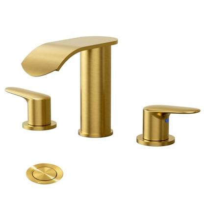WOWOW Waterfall Bathroom Faucet 3 Holes 8Inch Widespread Bathroom Sink Faucet, Two Handles Lavatory Vanity Sink Faucets with Pop-up Drain & Supply Hoses, Modern Faucet Mixer Taps Gold - color: Gold