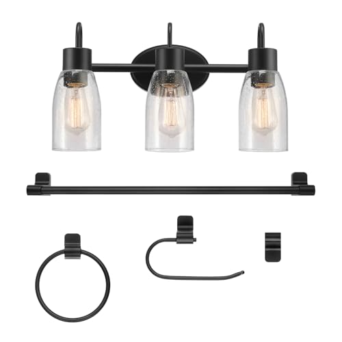 Globe Electric 63000205 5-Piece All-in-One Bathroom Accessory Set with 19" 3-Light Vanity Light, Matte Black, Seeded Glass Shades, Towel Bar, Robe Hook, Toilet Paper Holder, Towel Ring, Powder Room - color: Black, Seeded Shades