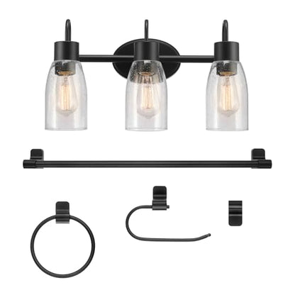 Globe Electric 63000205 5-Piece All-in-One Bathroom Accessory Set with 19" 3-Light Vanity Light, Matte Black, Seeded Glass Shades, Towel Bar, Robe Hook, Toilet Paper Holder, Towel Ring, Powder Room - color: Black, Seeded Shades