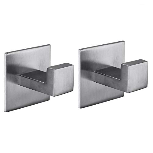 Flybath 2PCS Towel Hooks Self Adhesive 304 Stainless Steel Brushed Silver | Square, No Drill, Strong Hold, Rustproof, Wall Mount, Stylish Coat Robe Shower Hook For Hanging, Kitchen Bathroom Accessories - color: Brushed