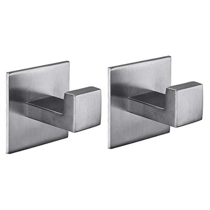 Flybath 2PCS Towel Hooks Self Adhesive 304 Stainless Steel Brushed Silver | Square, No Drill, Strong Hold, Rustproof, Wall Mount, Stylish Coat Robe Shower Hook For Hanging, Kitchen Bathroom Accessories - color: Brushed
