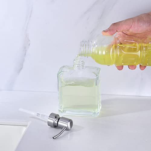 Square Clear Glass Dish Soap Dispenser, Antique Design Refillable Hand Soap Dispenser with Rust Proof Stainless Steel Pump, 13.5 oz Lotion Dispenser for Bathroom Vanity, Kitchen Countertop - color: Brushed Nickel, size: 13.5oz-Square