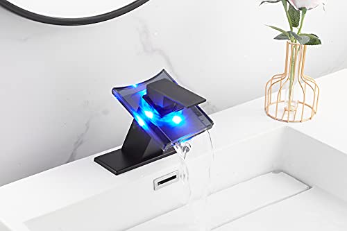 Black Bathroom Sink Faucet LED Light 3 Color Changing Waterfall Glass Spout | Hot and Cold Water Mixer Single Handle One Hole Deck Mounted Bathroom Faucet Lavatory Vanity Basin Mix Tap - color: Black, style: with LED Light