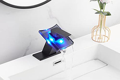 Black Bathroom Sink Faucet LED Light 3 Color Changing Waterfall Glass Spout | Hot and Cold Water Mixer Single Handle One Hole Deck Mounted Bathroom Faucet Lavatory Vanity Basin Mix Tap - color: Black, style: with LED Light
