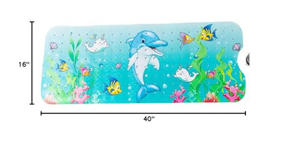 ENKOSI Non-Slip Bath & Shower Mat 40x16 Extra Long, Suction & Drain Holes | Fun dolphin print for kids; Durable PVC; 40x16 in, Dolphin - color: Dolphin Print