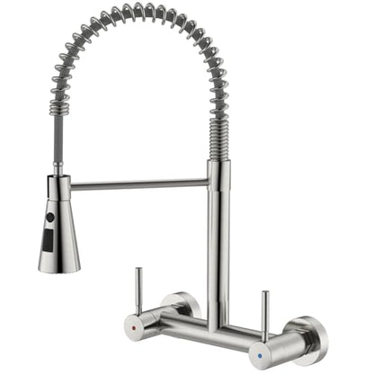 Wall Mount Kitchen Faucet 2 Handles, 8 Inch Center Wall Commercial Utility Sink Faucet with Pull Out Sprayer 3 Modes, Stainless Steel, Brushed Nickel - color: 2-Handle-Nickel, style: Wall Mount