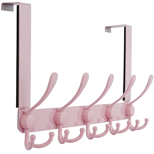 Dseap Over The Door Hook Hanger - Fits 1 3/8" to 1 3/4" Standard Doors | 5 Tri Hooks Heavy Duty Towel/Coat Rack | Door Organizer for Clothes, Jackets, Hats, Towels, Pink - color: Pink