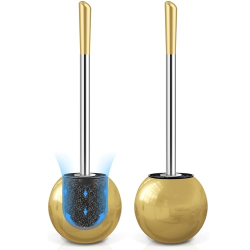 Toilet Brush and Holder 2 Pack, 304 Stainless Steel Toilet Brush with Extended and Durable Comfortable Brush Handle, Toilet Bowl Brush for Bathroom Toilet - Ergonomic, Pratical Durable (Gold) - color: Gold