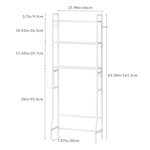 Over Toilet Storage 3-Tier Bathroom Shelf Organizer Multifunctional Above Toilet Storage Rack Freestanding Space Saver Behind the Toilet Shelf White Toilet Stand with Hooks and Toilet Paper Holder - color: White