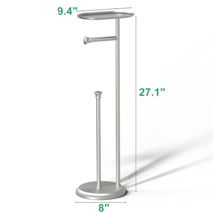 Freestanding Toilet Paper Holder with Shelf and Reserve for Small Bathroom Storage, Holds 5 Mega Rolls/Phone/Wipes Nickel
