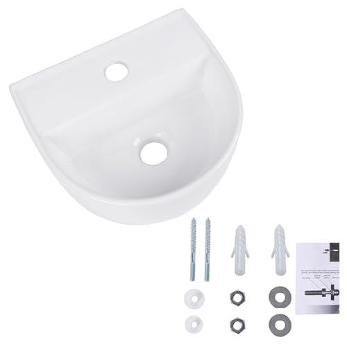 Wall Hung Bathroom Vessel Sink, QISHKA 12.5" X 11.5" Semi-Oval Floating Ceramic Wash Hand Basin White Wall Mount Vanity Sink for Small Bathroom and Small Cloakroom - size: 12.5" x 11.5" x 5.2"