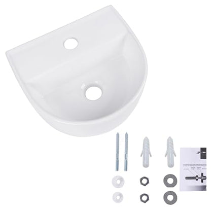 Wall Hung Bathroom Vessel Sink, QISHKA 12.5" X 11.5" Semi-Oval Floating Ceramic Wash Hand Basin White Wall Mount Vanity Sink for Small Bathroom and Small Cloakroom - size: 12.5" x 11.5" x 5.2"