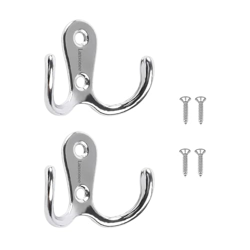 2 Pcs Double Prong Robe Hooks, Dual Coat Hooks Wall Mounted Hanging Clothes for Bathroom Bedroom Door Wall Retro Metal Cloth Hanger Double Coat Hooks with 4 Screws (Sliver) - color: Sliver