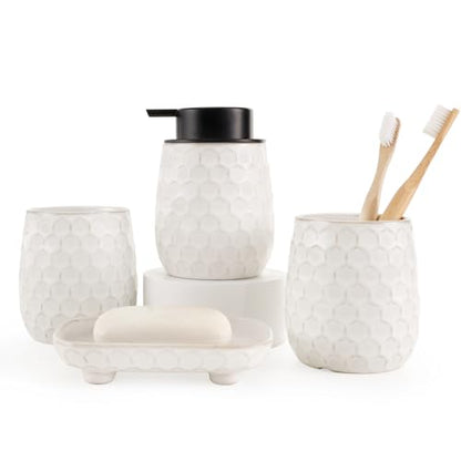 Bathroom Accessory Set 4PCS, Ceramic Bathroom Accessories Set, Bathroom Accessories Sets Complete, White Honeycomb Design, Home Apartment Modern Bath Decor Vanity Countertop, ANTIS'S HOME - size: Liquid